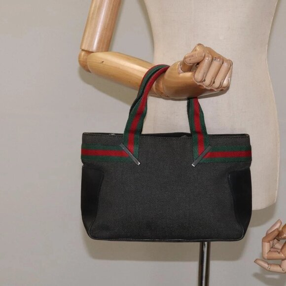 GUCCI Web Sherry Line Hand Bag Canvas Black Silver 73984 Auth ti3159 - Picture 3 of 16